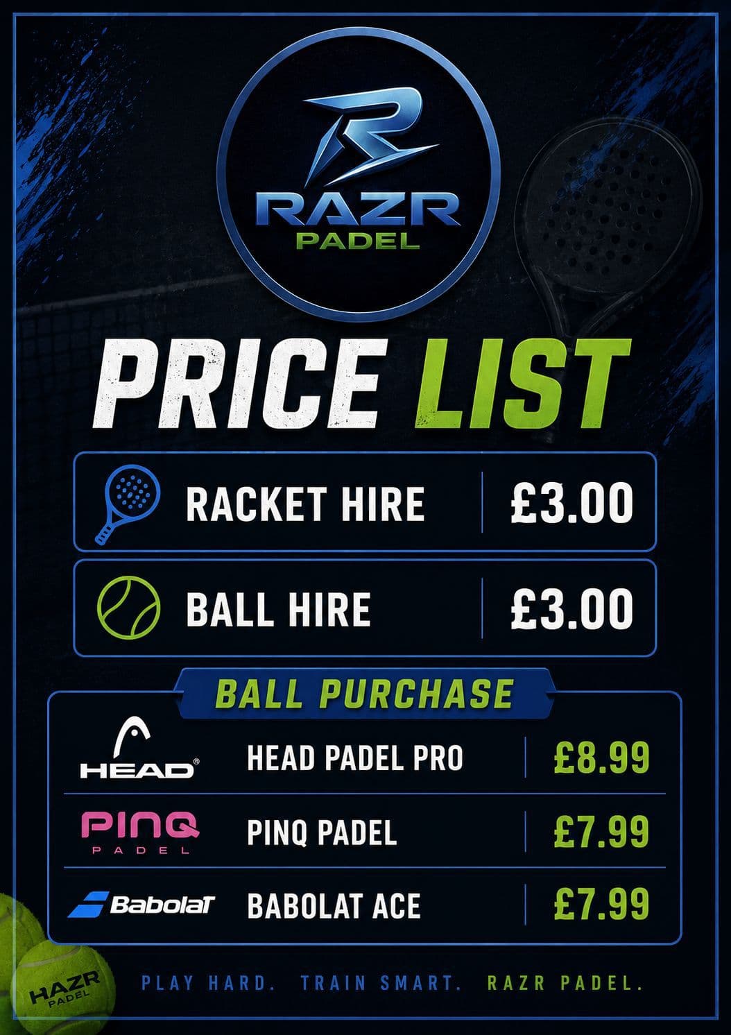 RAZR Padel official pricing board